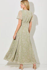 Light Olive Floral Chiffon V-Neck Maxi Dress