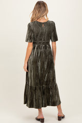 Olive Smocked Velvet Maternity MIdi Dress