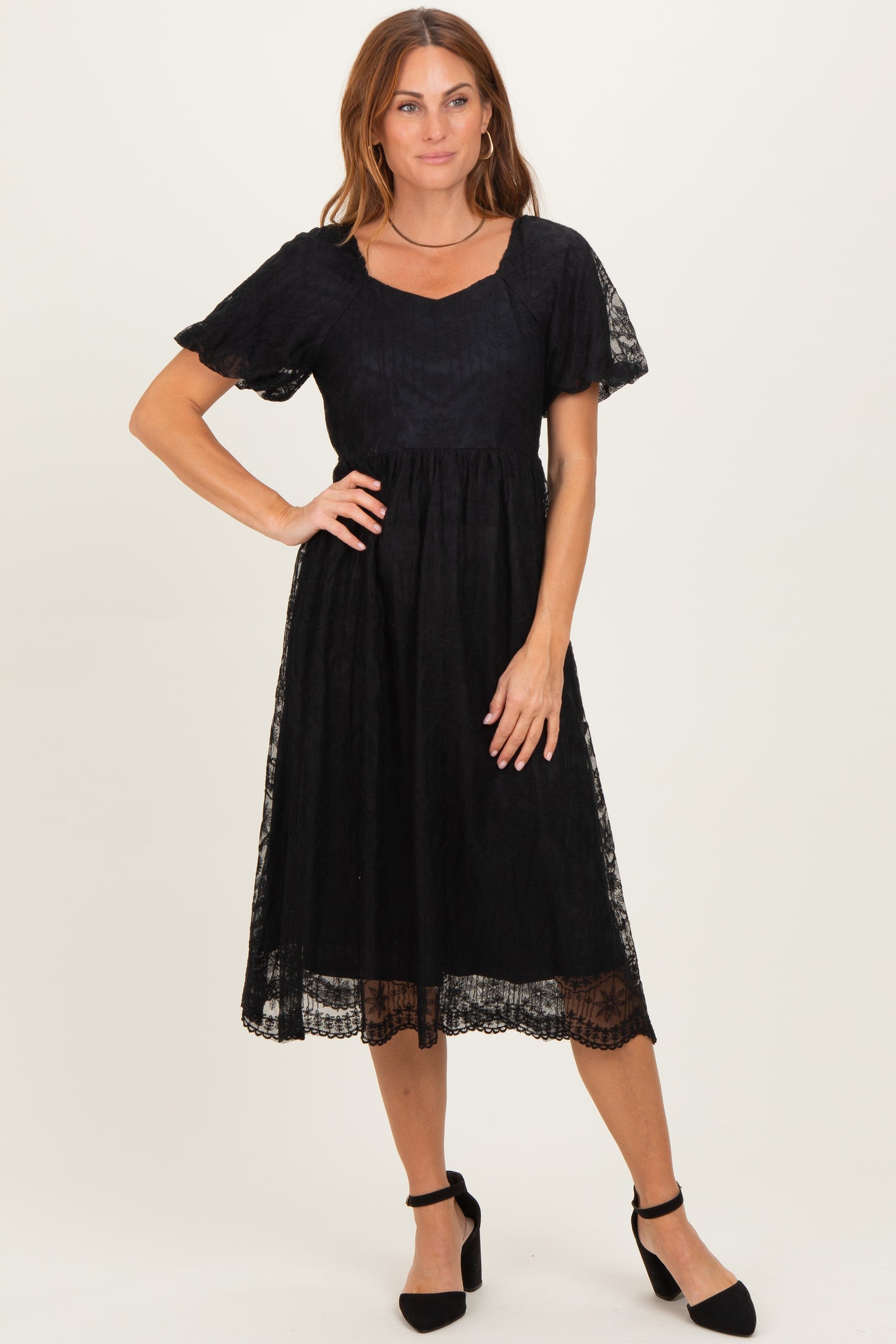 Black Lace Sweetheart Neck Short Sleeve Maternity Midi Dress