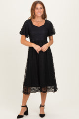 Black Lace Sweetheart Neck Short Sleeve Midi Dress