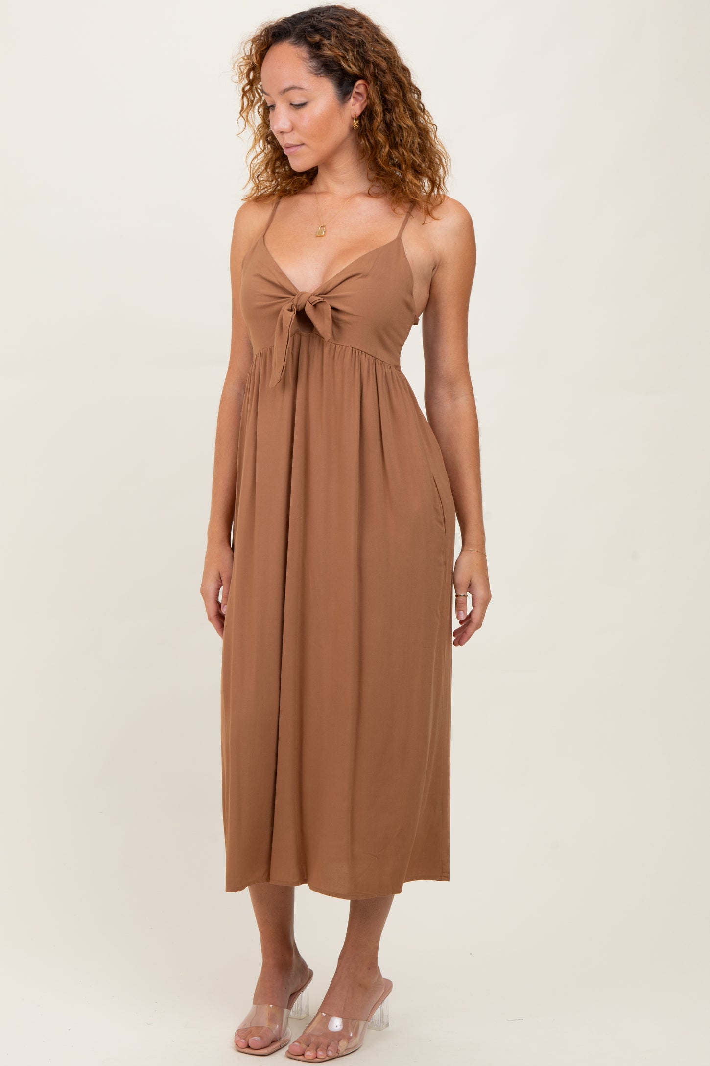 Camel Front Tie Sleeveless Maternity Midi Dress
