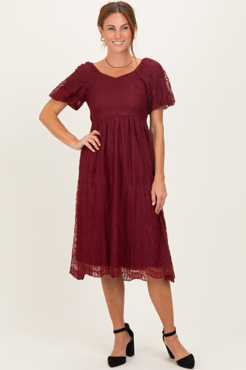 Burgundy Lace Sweetheart Neck Short Sleeve Midi Dress