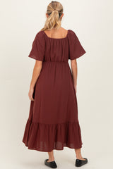 Burgundy Gingham Square Neck Ruffle Maternity Midi Dress