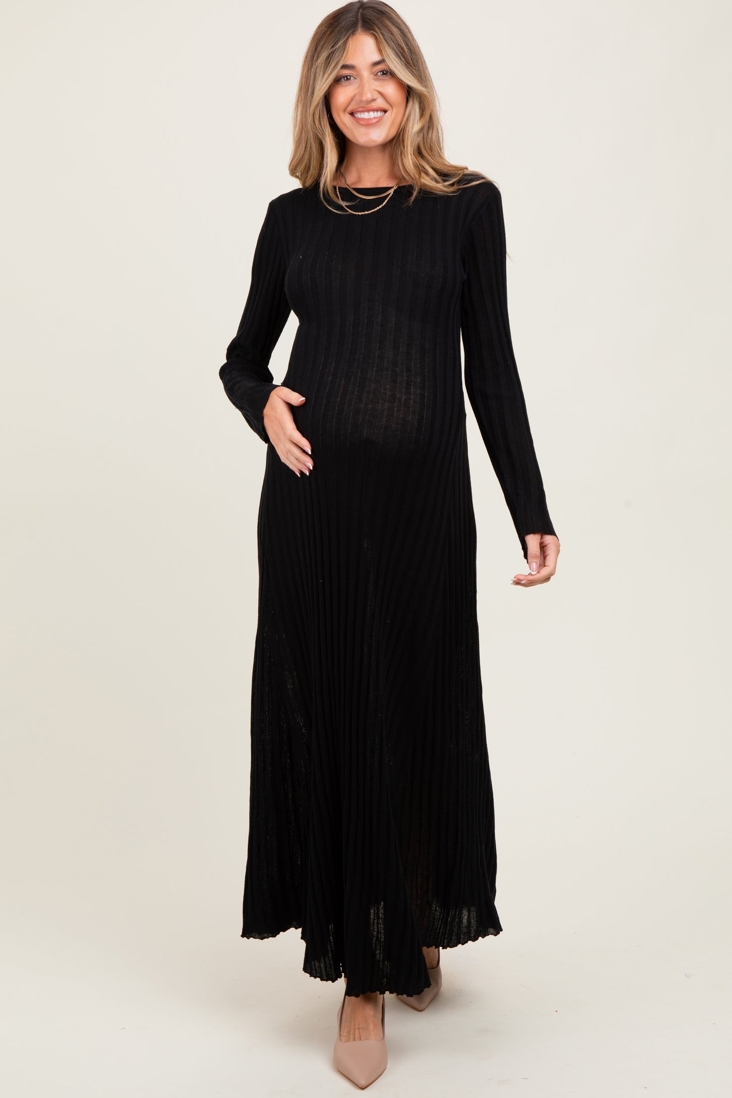 Black Ribbed Long Sleeve Maternity Maxi Dress
