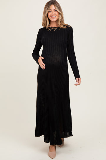 Black Ribbed Long Sleeve Maternity Maxi Dress