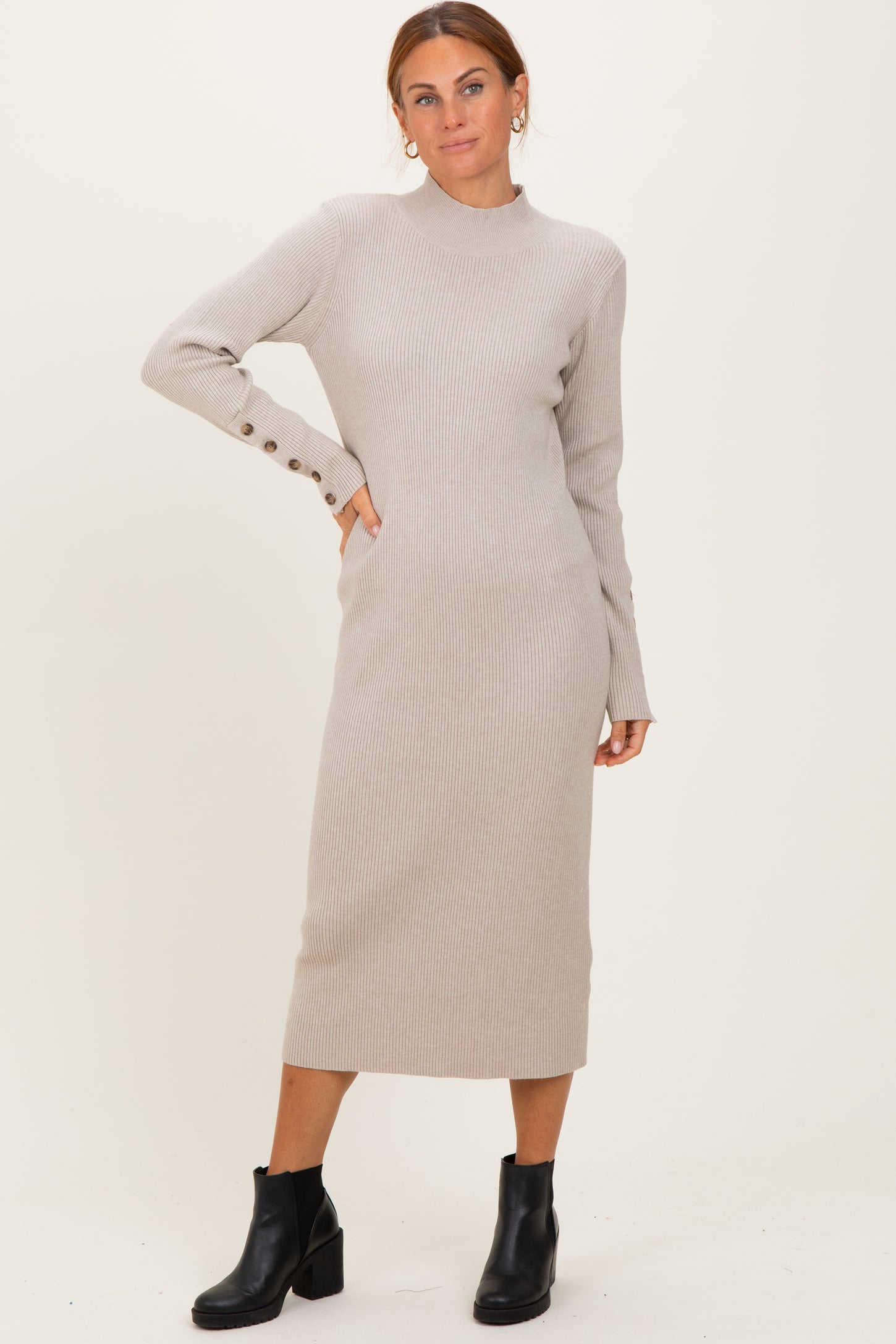 Heather Grey Button Sleeve Sweater Midi Dress