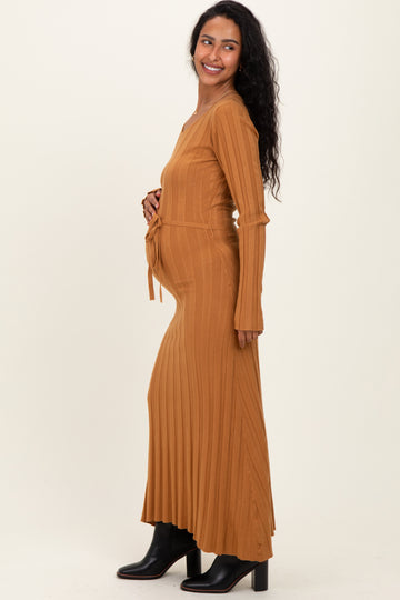 Camel Ribbed Wait Tie Maternity Midi Dress