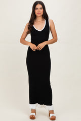 Black Knit V-Neck Contrast Ruffle Hem Maxi Dress