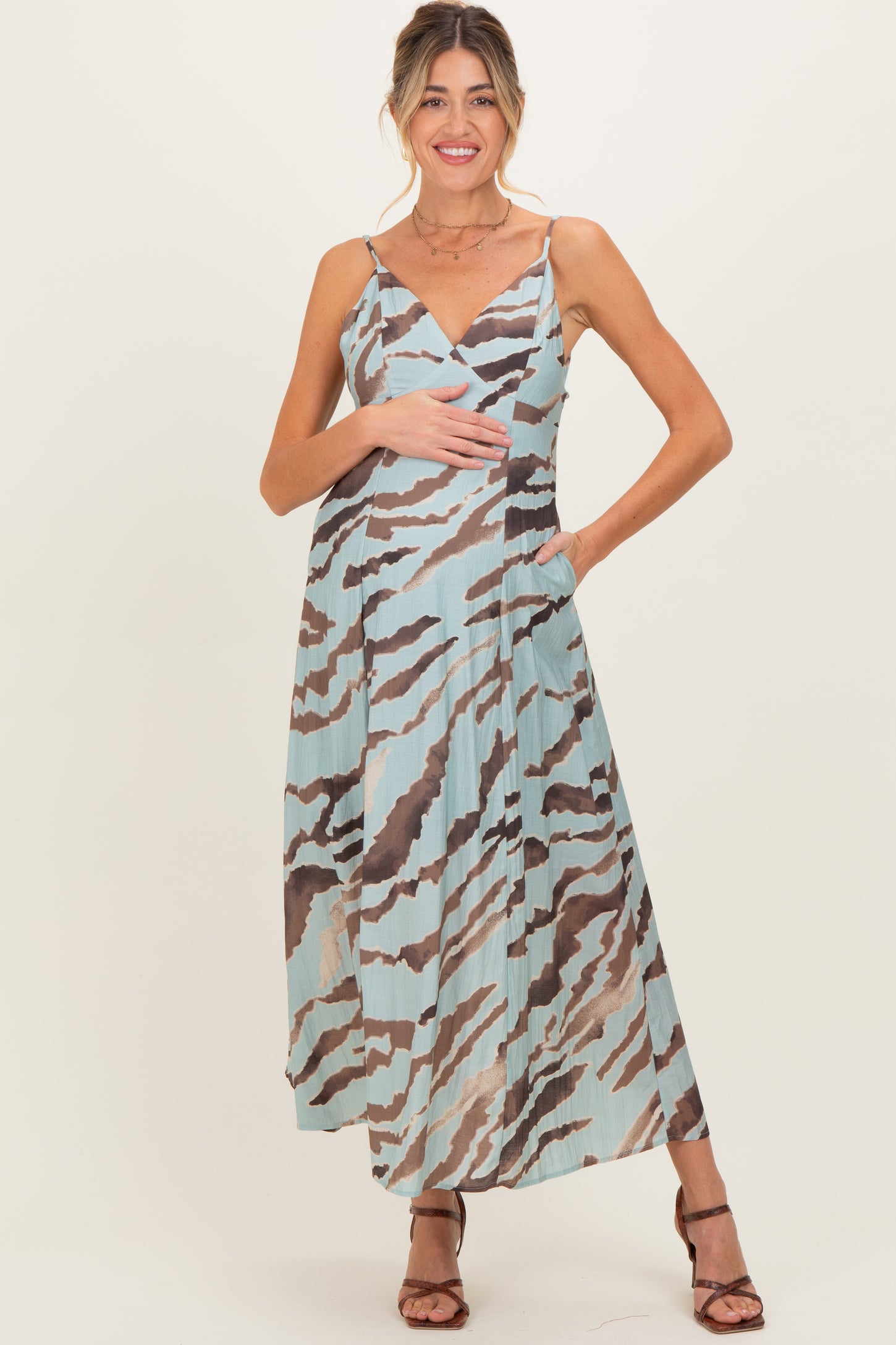 Light Blue Printed Open Tie Back Maternity Maxi Dress