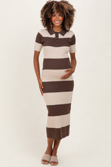 Brown Ribbed Striped Knit Polo Maternity Midi Dress