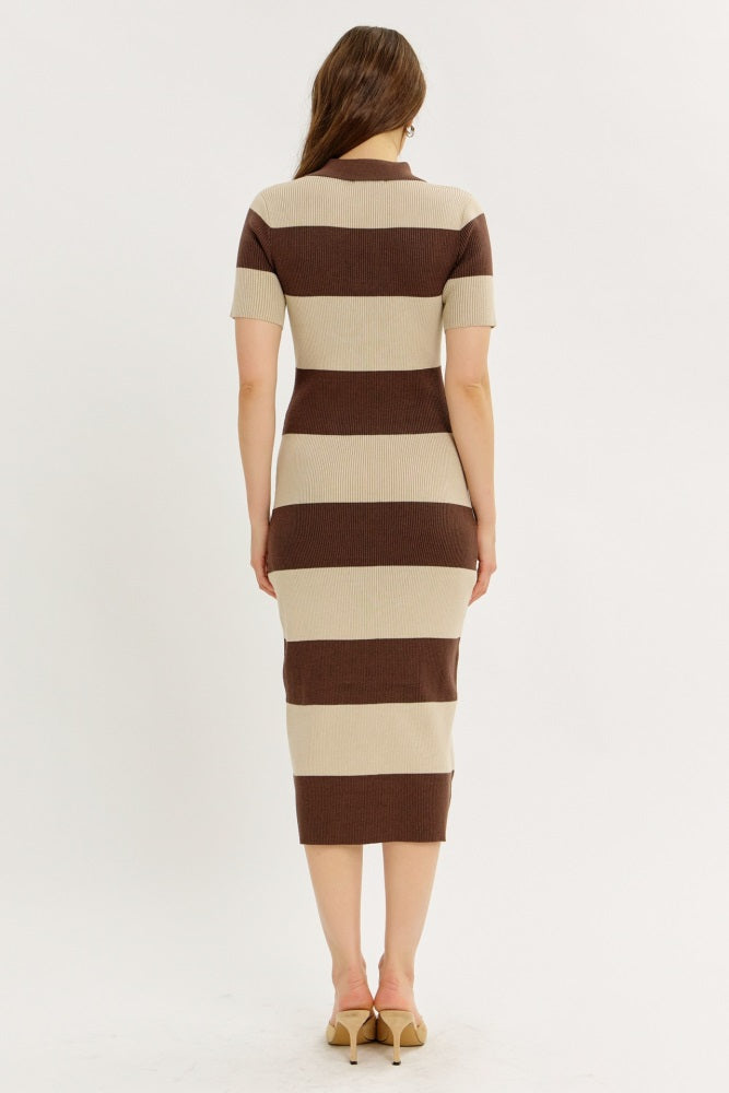 Brown Ribbed Striped Knit Polo Midi Dress
