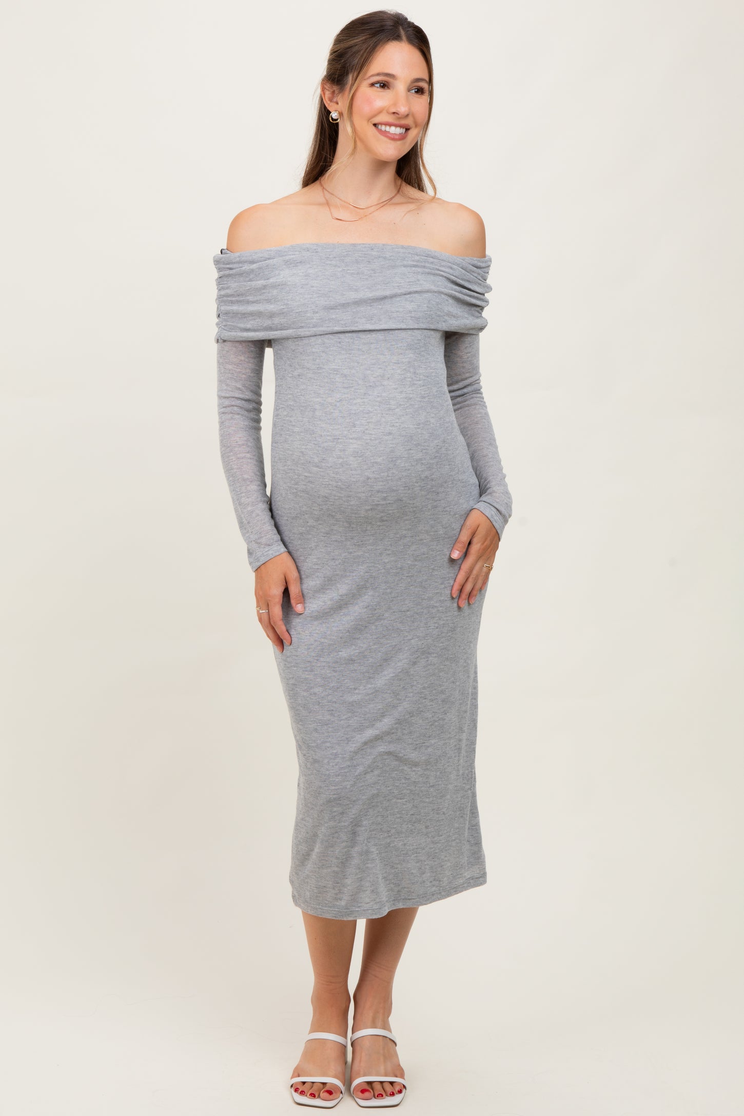 Heather Grey Off Shoulder Long Sleeve Maternity Maxi Dress