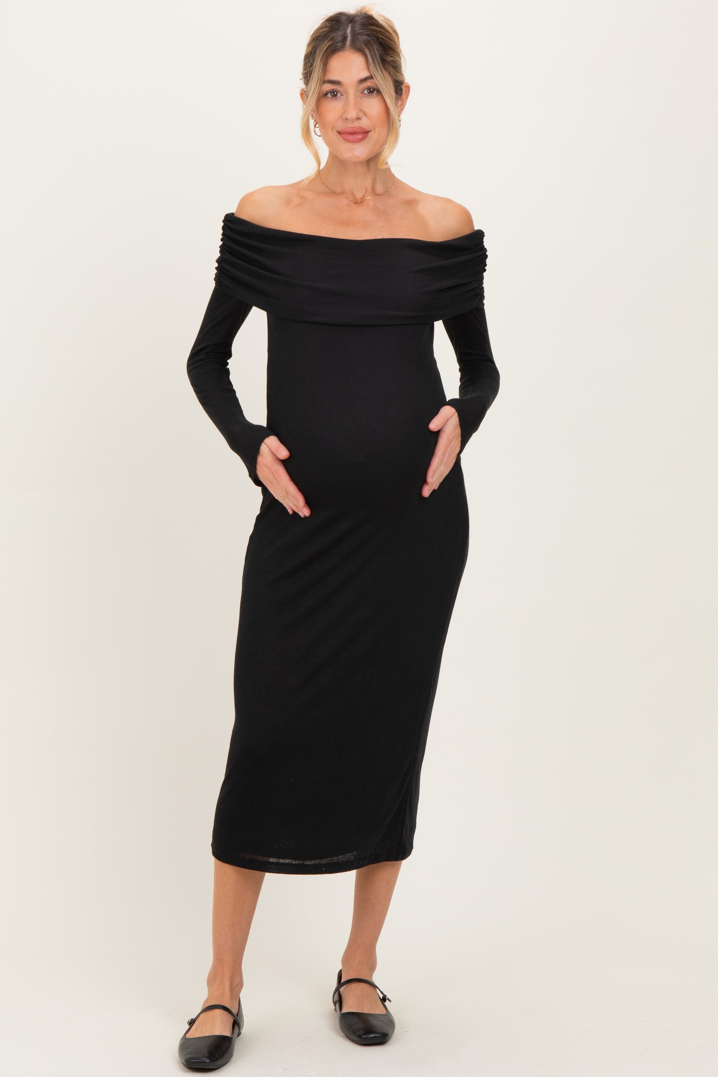 Black Off Shoulder Long Sleeve Maternity Maxi Dress