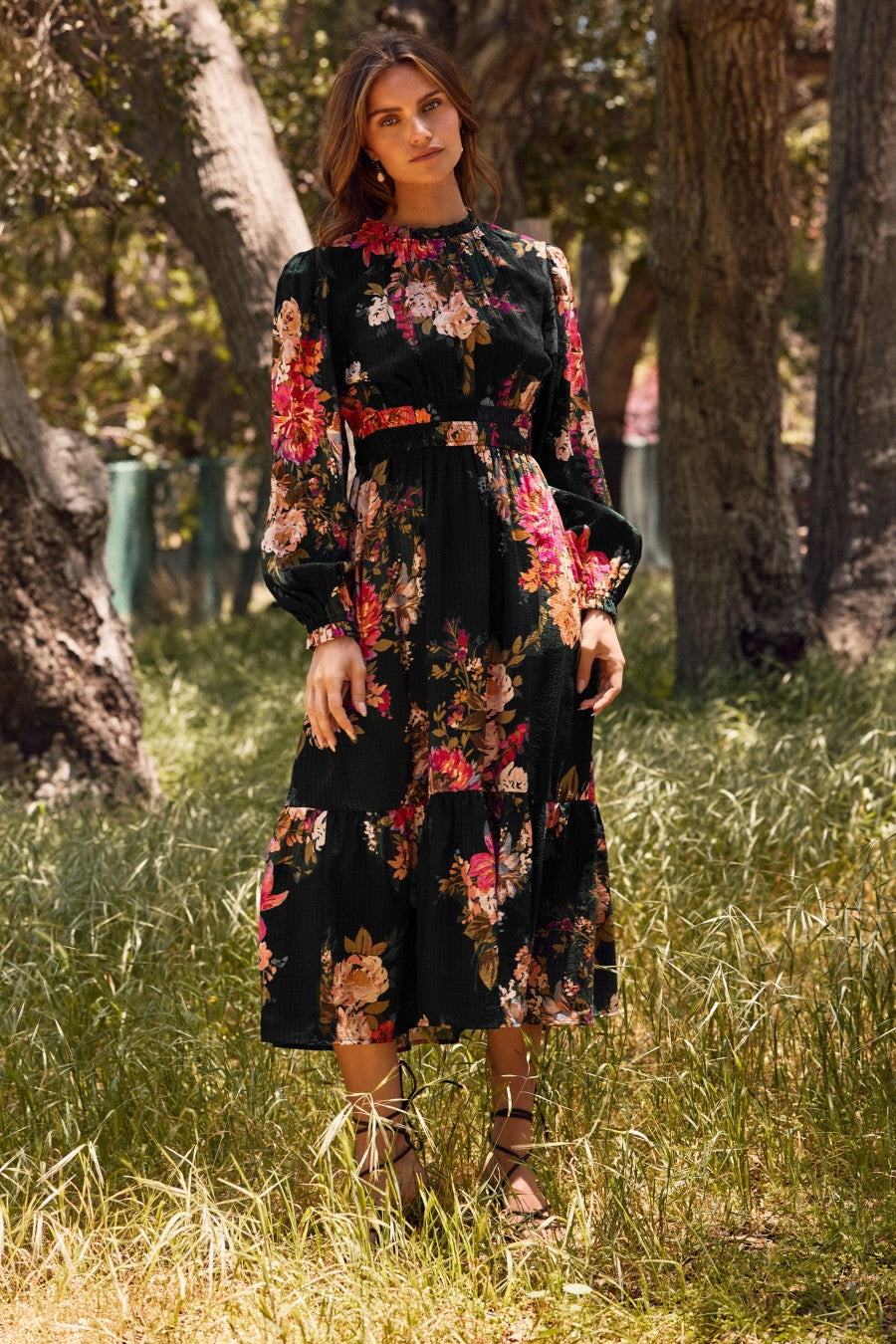 Black Floral Long Sleeve Midi Dress