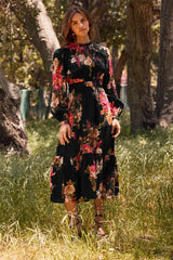 Black Floral Long Sleeve Maternity Midi Dress