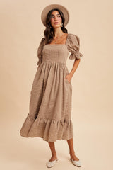 Mocha Gingham Square Neck Maternity Midi Dress