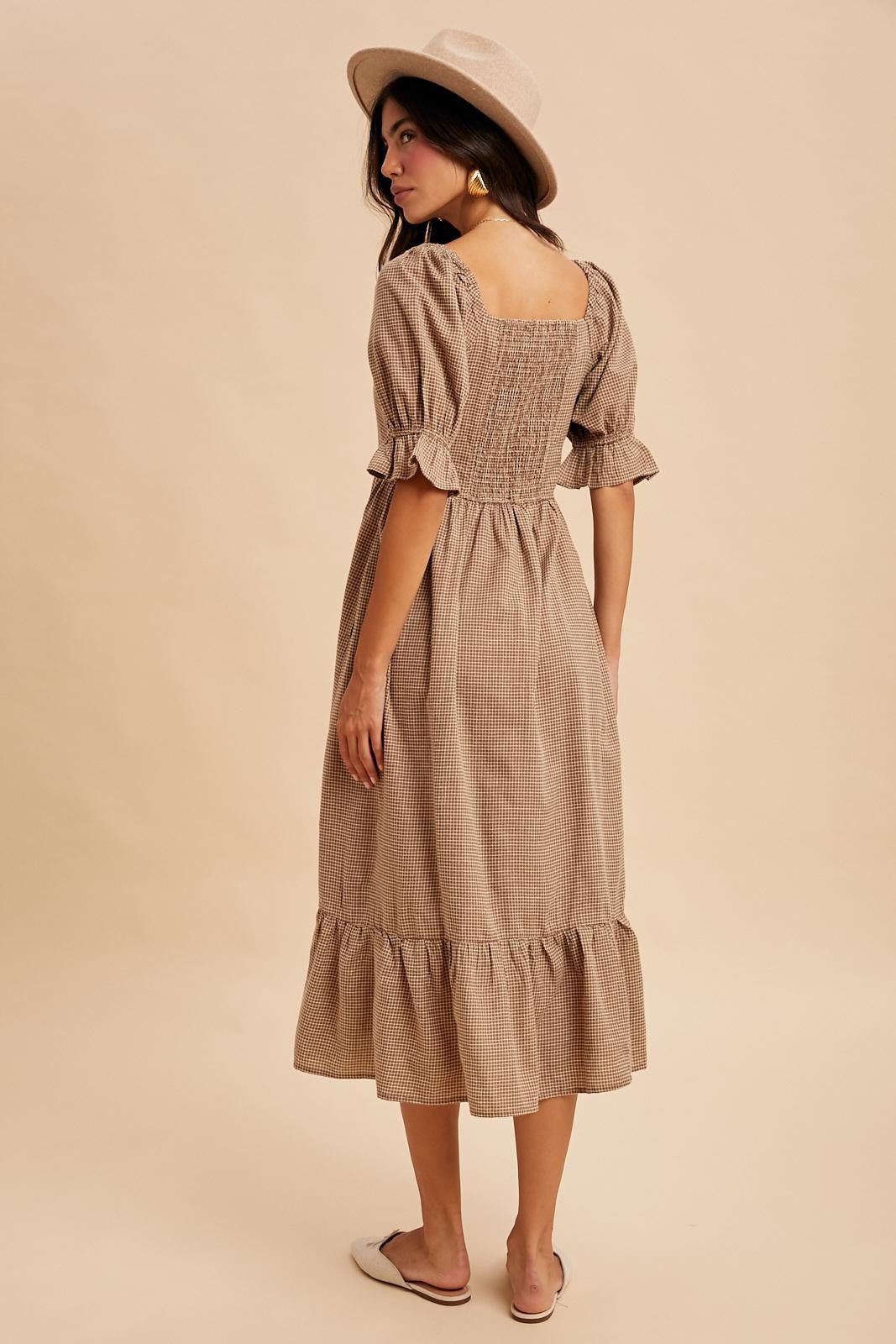 Mocha Gingham Square Neck Midi Dress