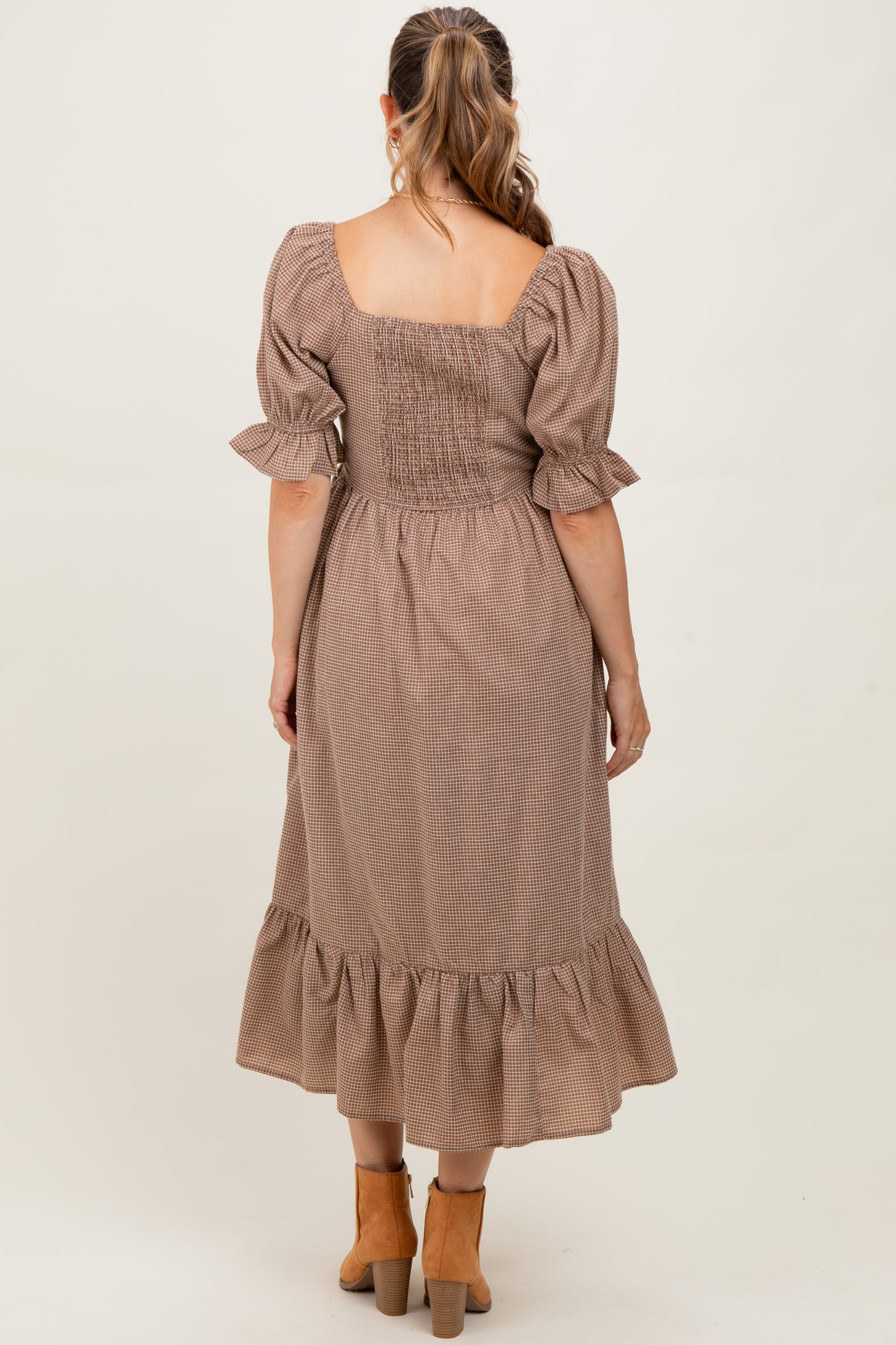 Mocha Gingham Square Neck Maternity Midi Dress