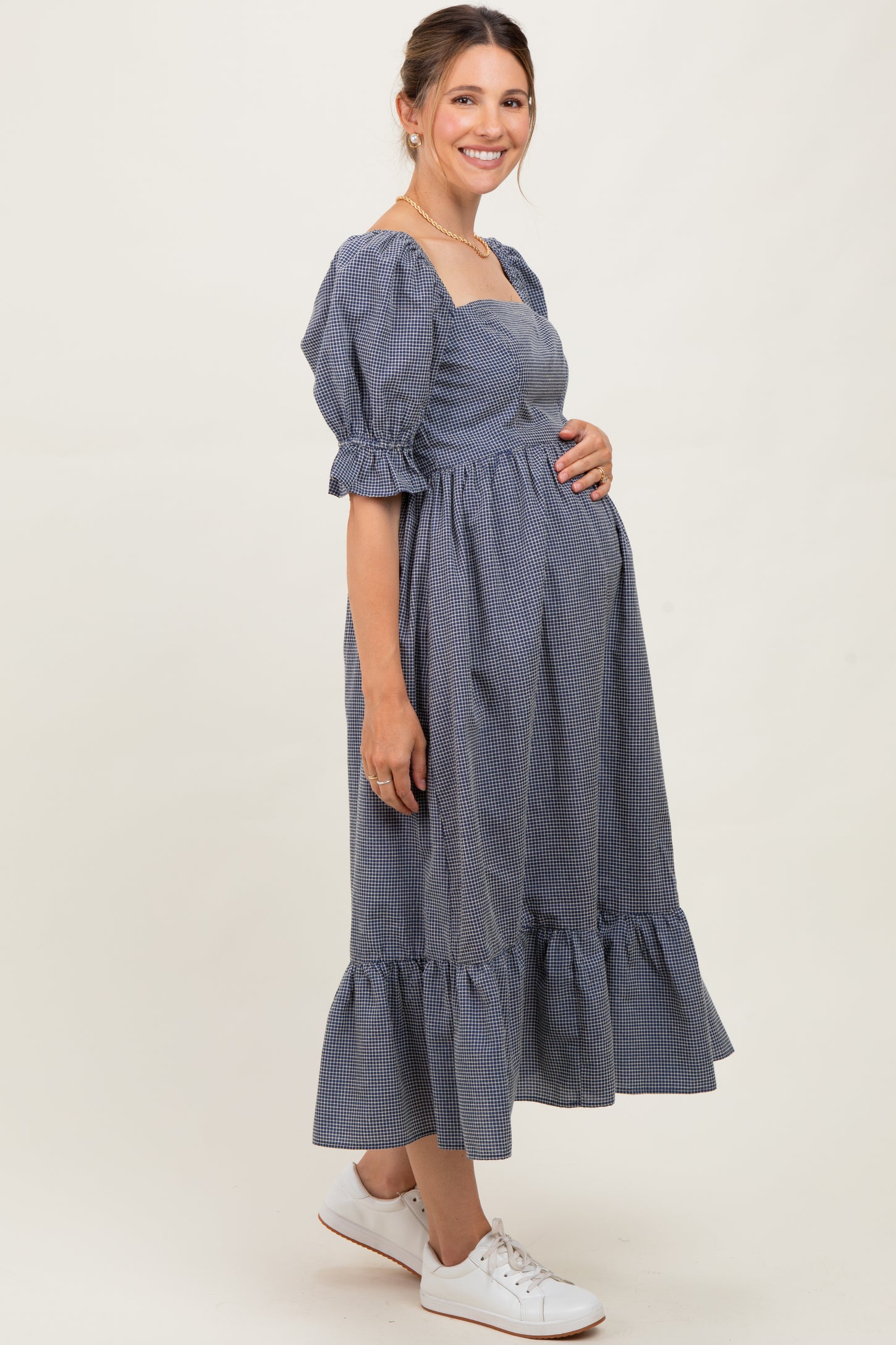Navy Gingham Square Neck Maternity Midi Dress