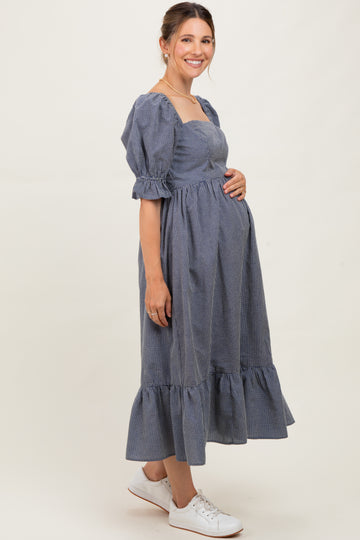 Navy Gingham Square Neck Maternity Midi Dress