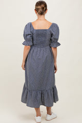Navy Gingham Square Neck Maternity Midi Dress