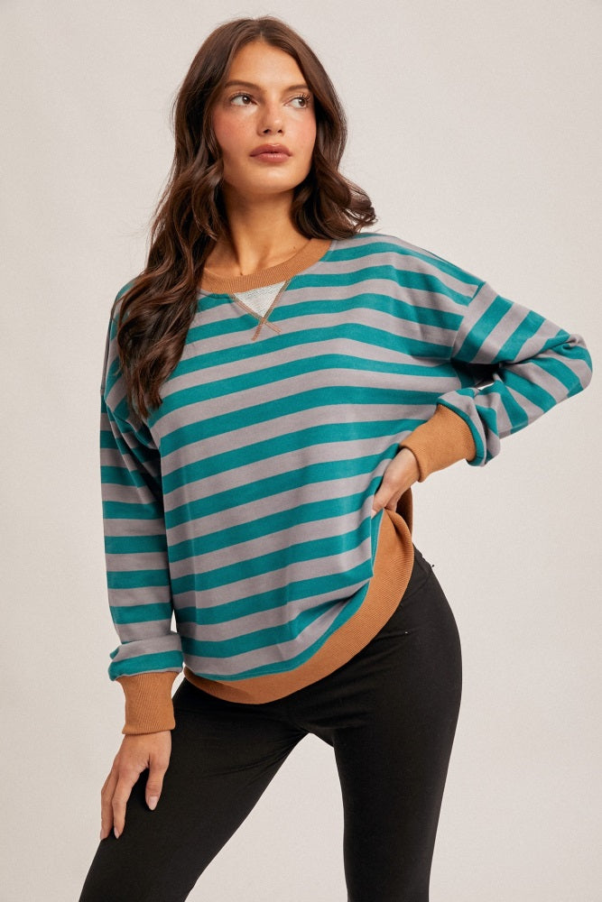 Teal Contrast Stripe Oversized Sweatshirt