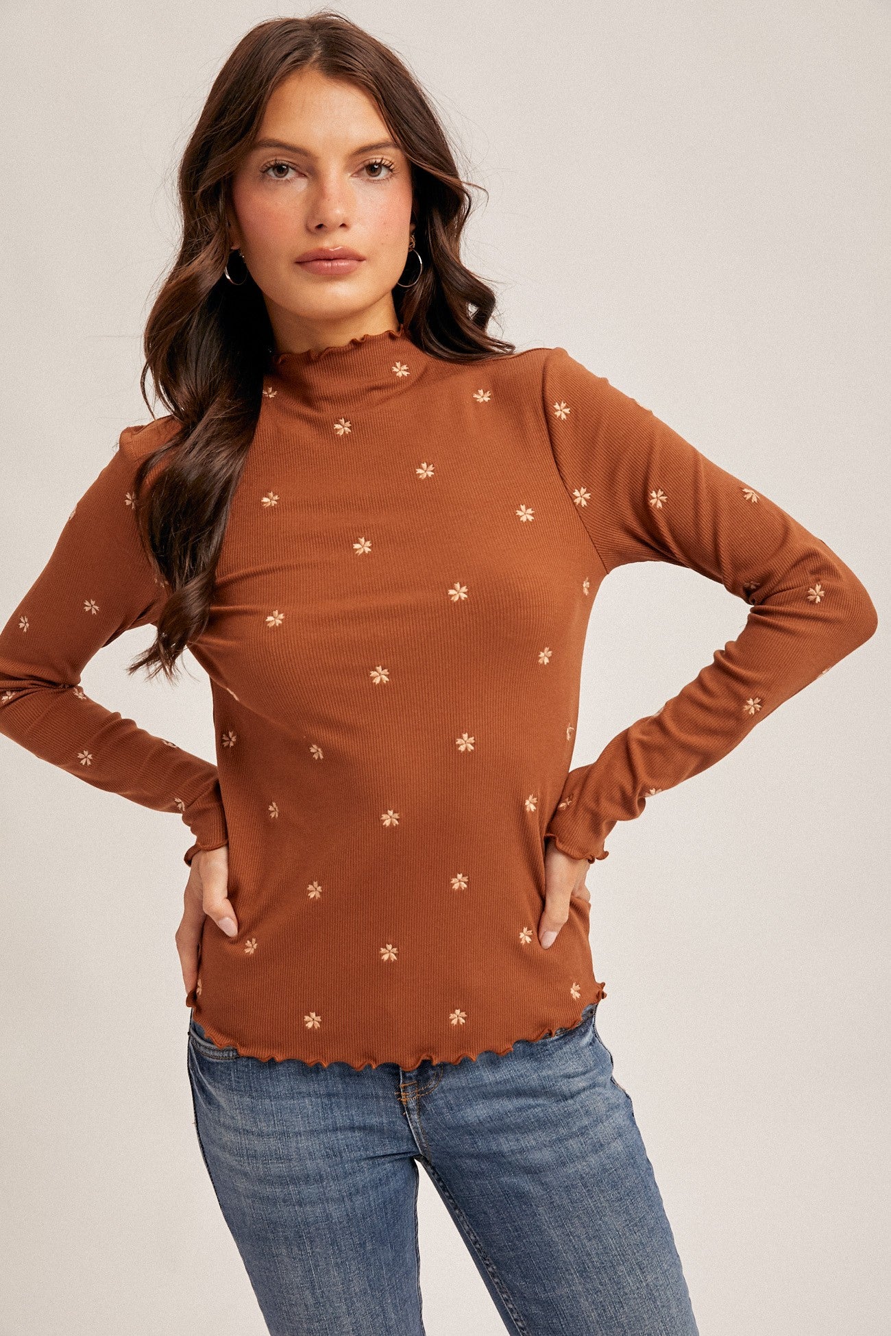 Dark Camel Knit Embroidered Floral Ruffle Hem Top