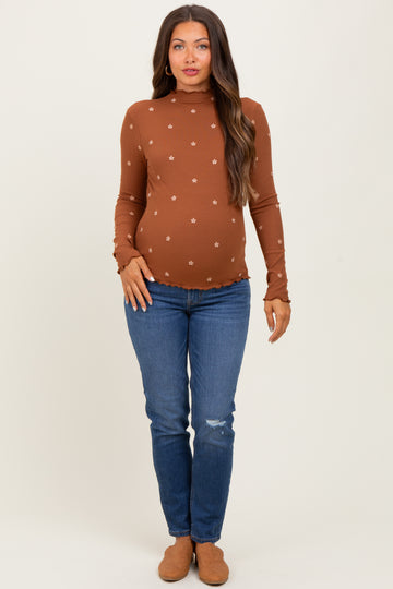 Dark Camel Knit Embroidered Floral Ruffle Hem Maternity Top