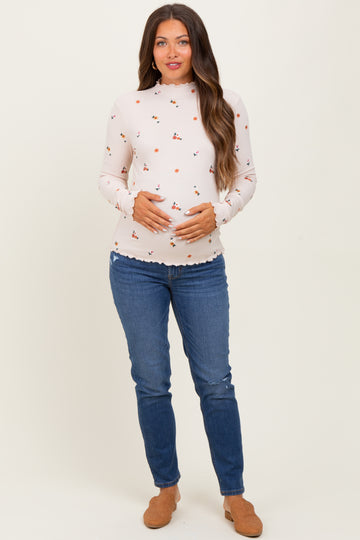 Ecru Knit Embroidered Floral Ruffle Hem Maternity Top