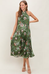Olive Floral Pleated Halter Maternity Midi Dress
