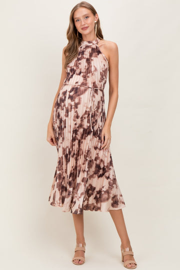 Brown Floral Pleated Halter Maternity Midi Dress