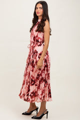 Red Floral Pleated Halter Midi Dress