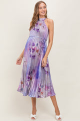 Lavender Floral Pleated Halter Maternity Midi Dress