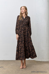 Black Floral Smocked Waist Long Sleeve Midi Dress