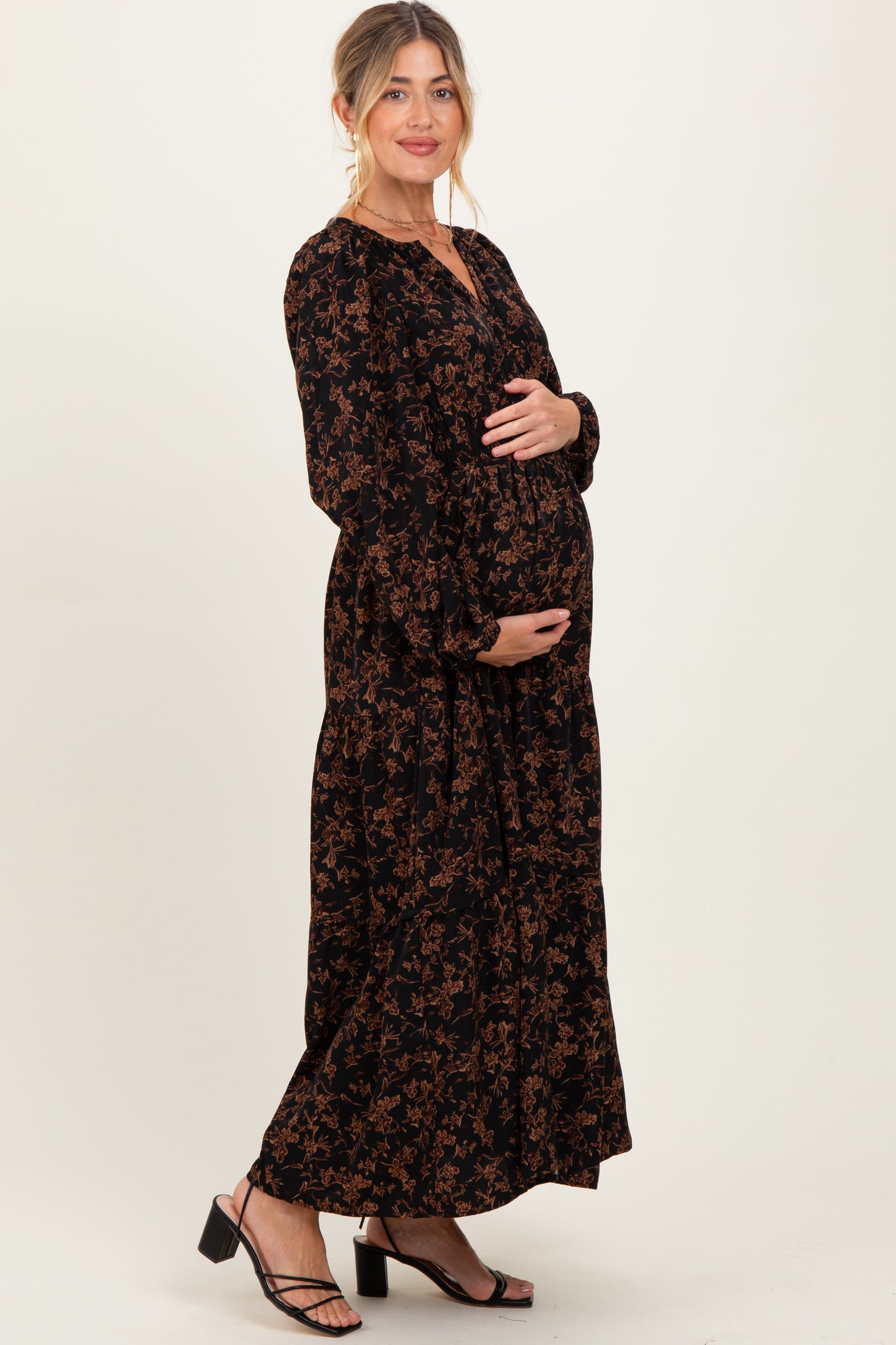 Black Floral Smocked Waist Long Sleeve Maternity Midi Dress