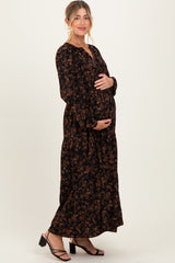 Black Floral Smocked Waist Long Sleeve Maternity Midi Dress