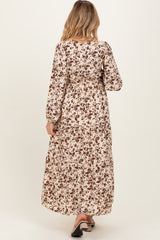 Cream Floral Smocked Waist Long Sleeve Maternity Midi Dress