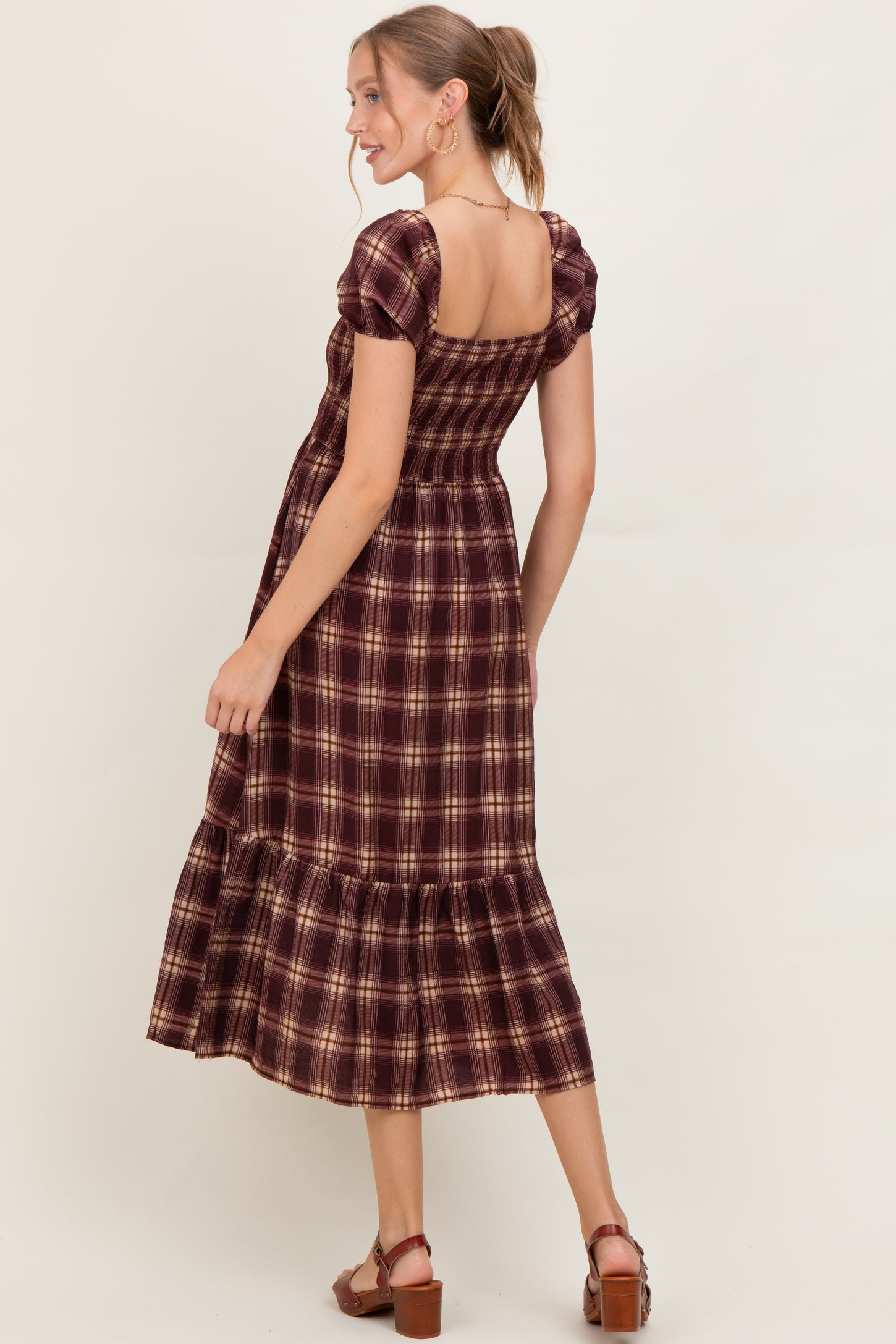 Burgundy Plaid Smocked Puff Sleeve Maternity Midi Dress