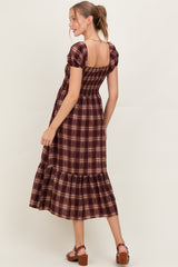Burgundy Plaid Smocked Puff Sleeve Maternity Midi Dress