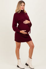 Burgundy Turtleneck Belted Mini Sweater Maternity Dress