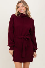 Burgundy Turtleneck Belted Mini Sweater Maternity Dress