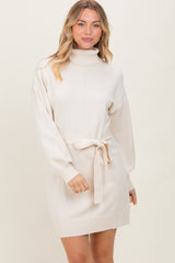 Cream Turtleneck Belted Mini Sweater Maternity Dress