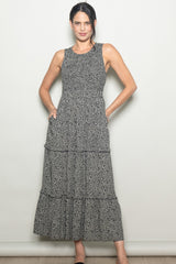 Grey Animal Print Sleeveless Smocked Tiered Maternity Maxi Dress