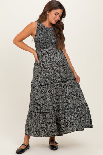Grey Animal Print Sleeveless Smocked Tiered Maternity Maxi Dress
