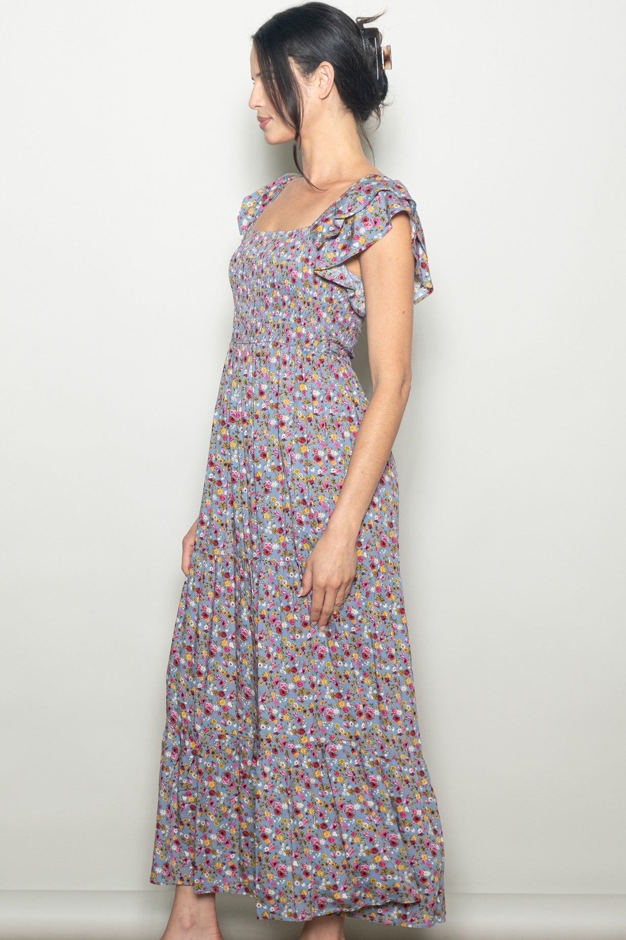Blue Floral Off Shoulder Smocked Maxi Dress