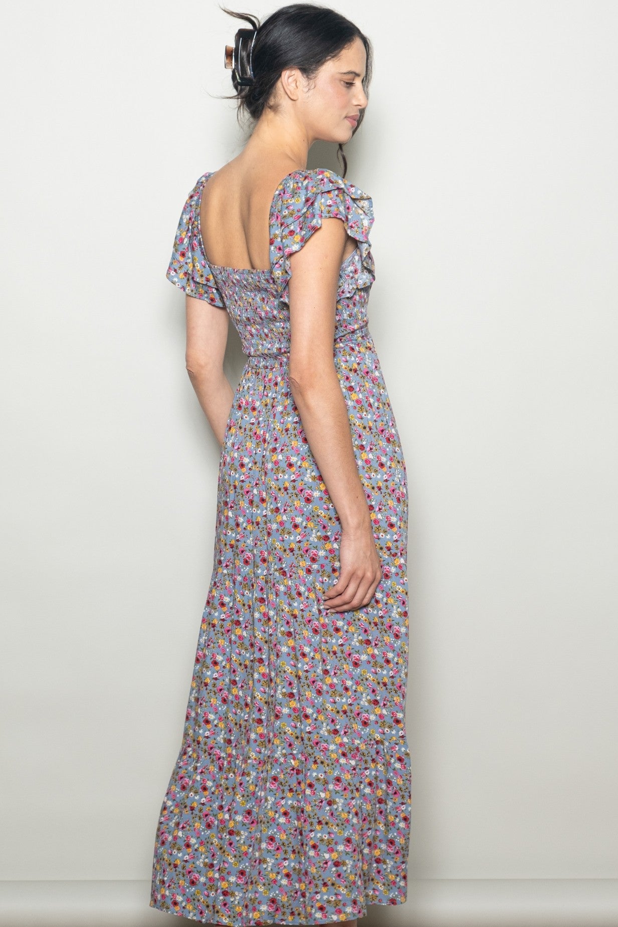 Blue Floral Off Shoulder Smocked Maxi Dress