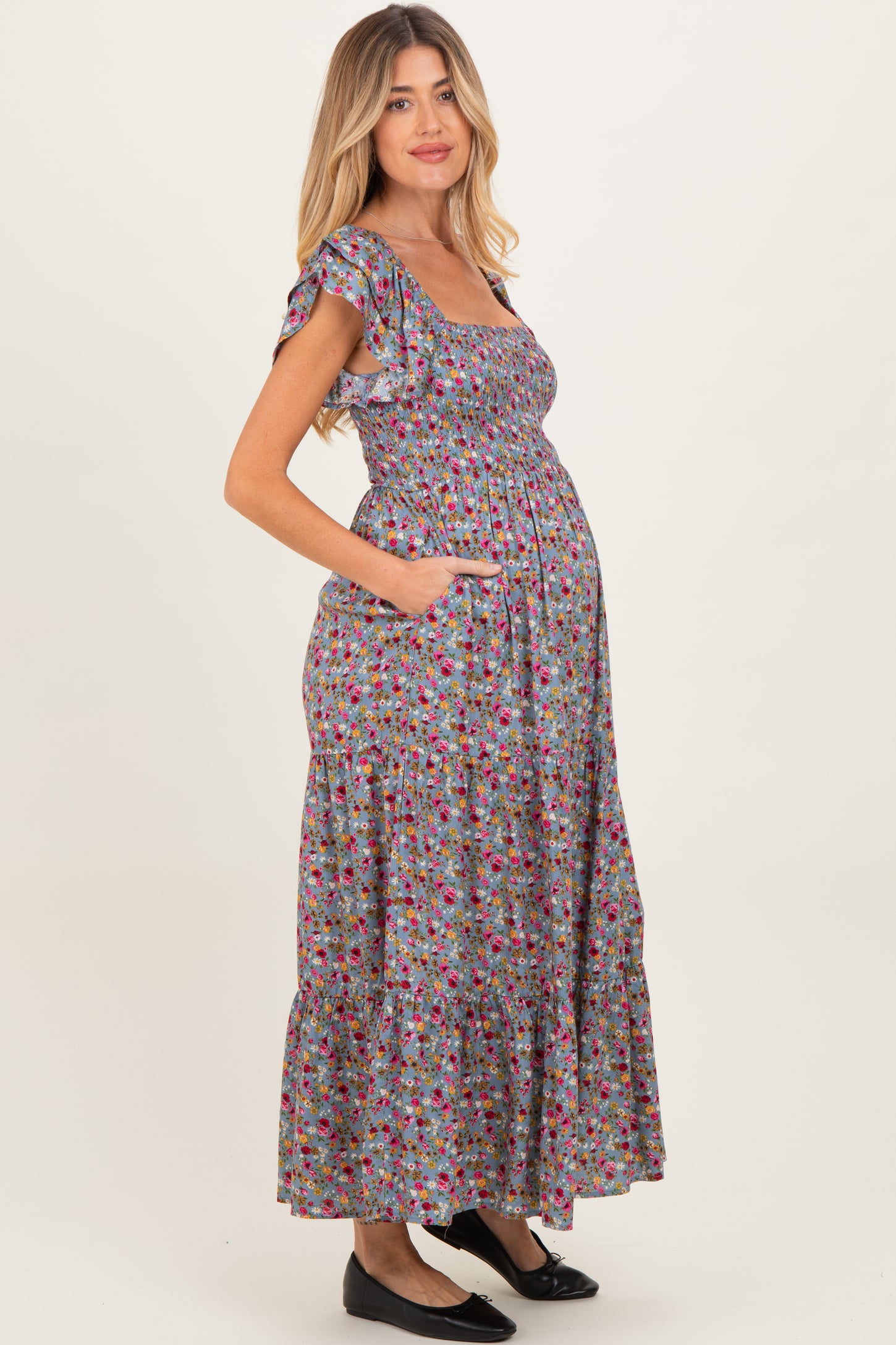 Blue Floral Off Shoulder Smocked Maternity Maxi Dress