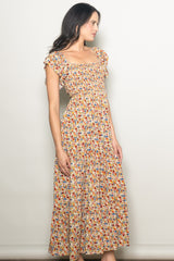 Camel Floral Off Shoulder Smocked Maxi Dress