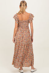 Camel Floral Off Shoulder Smocked Maternity Maxi Dress