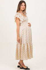 Cream Polka Dot Satin Smocked Flutter Sleeve Maternity Dress